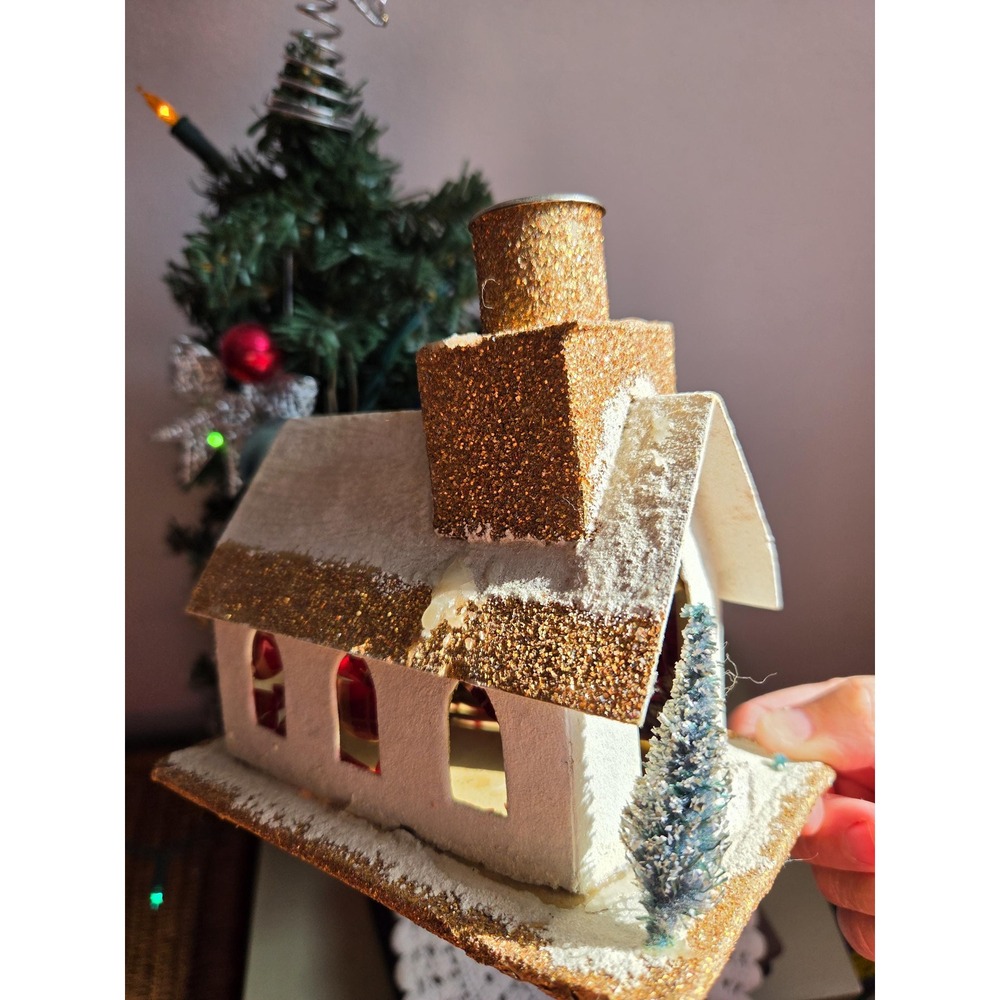 Vintage Japan Christmas Putz House Gold Mica Candle Holder Cardboard